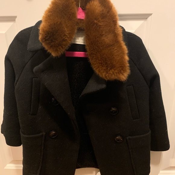 Zara Girls black pea coat with detachable faux fur collar